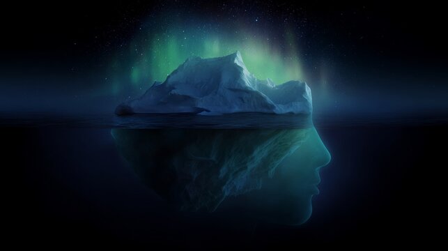 Silent giants: icebergs illuminated by the dance of aurora borealis. Robotic identity. Nighttime tranquility in greenland: iceberg under a green celestial display. Posthuman existence.