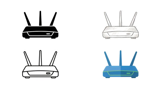 Four wireless routers in different colors and styles