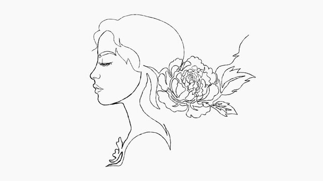 Serene Woman Profile with Peony Flower in One Continuous Line Animation of Feminine Beauty