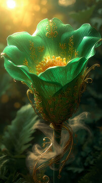 Glowing fantasy flower with ornate golden filigree and mist