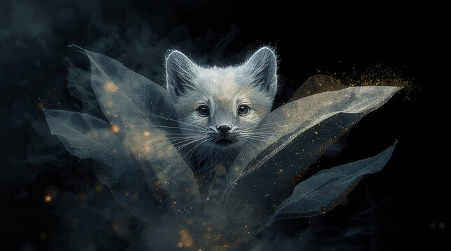 Cute fennec fox emerging from ethereal glowing leaves