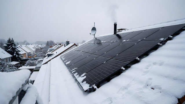 Solar panels covered with snow on a residential rooftop in winter season