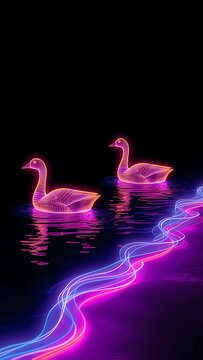 Glowing wireframe swans swimming on dark water with neon light trails