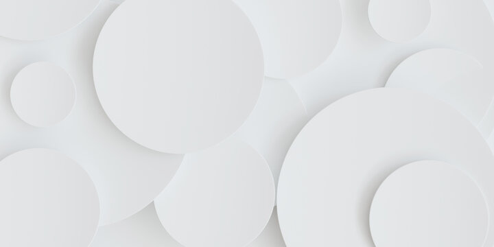 Minimalist white paper cut circle layers background with soft subtle shadows, modern clean 3D abstract geometric design pattern for presentation and display.