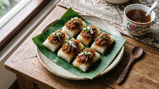 Indonesian ketan unti kelapa, six rectangular glutinous sticky rice slices topped with sweet palm sugar coconut on banana leaf served with tea.