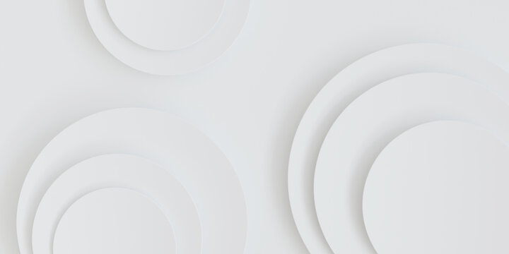 Modern white abstract background with concentric circles in left and right corners, minimalist 3d paper cut geometric composition with copy space.