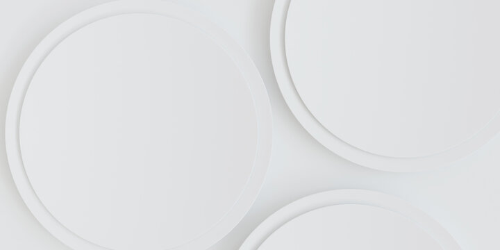 Close-up 3D white paper cut circles background, clean abstract geometric texture with soft drop shadows and large copy space for modern branding presentation.