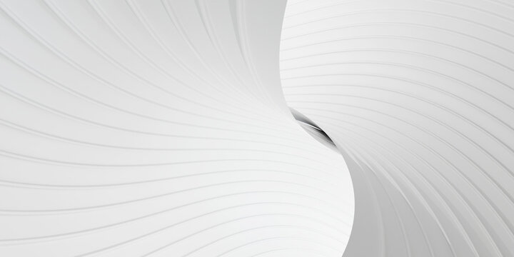 Futuristic white curved architectural spiral background with twisted lines, modern abstract 3D interior design with dynamic lighting and perspective view.