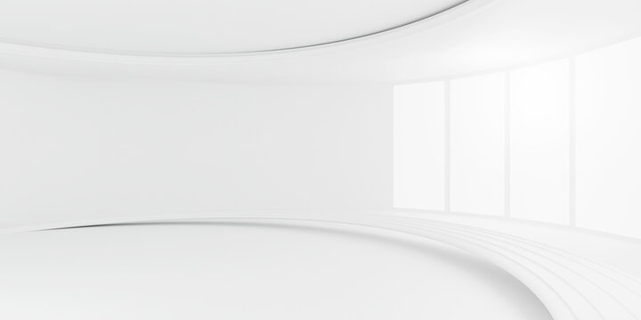 Ultra modern white futuristic interior background with smooth flowing wave curves and large window light, clean abstract architectural gallery space.