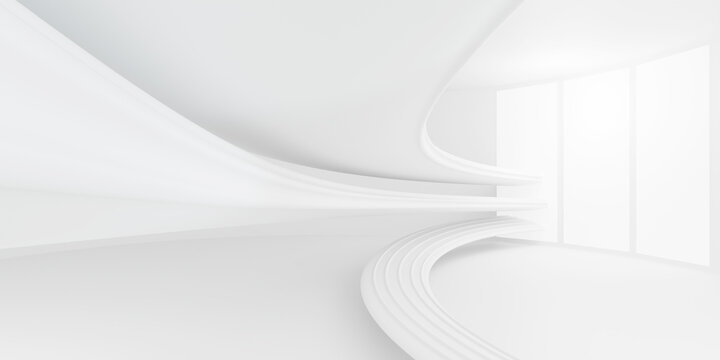 Ultra modern white futuristic interior background with smooth flowing wave curves and large window light, clean abstract architectural gallery space.