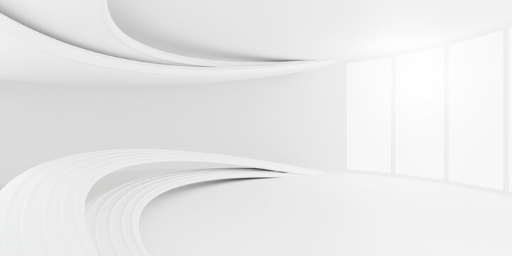 Wide clean white futuristic empty room interior background with smooth curved lines and big window, modern abstract hall template with ample copy space.