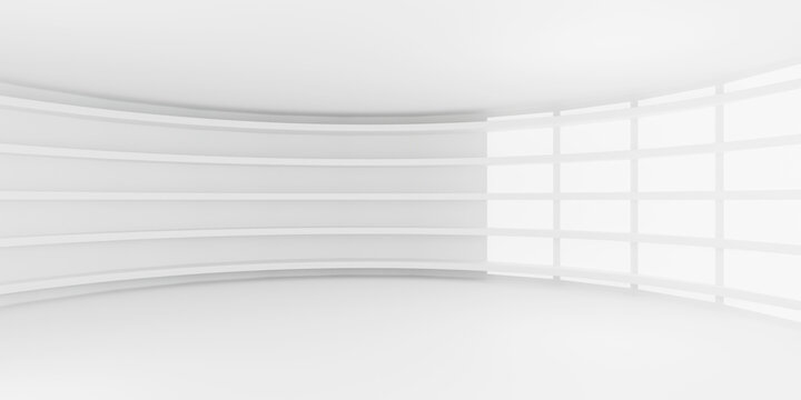 Modern white curved architectural hall featuring minimalist horizontal line wall design, spacious interior, and bright panoramic glass window for product display background.