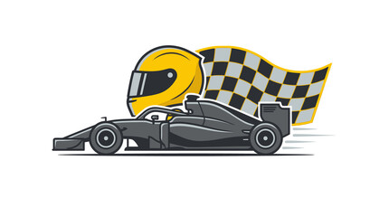 Fototapeta premium Stylized illustration of a Formula 1 race car with a yellow helmet and a checkered flag, depicting speed and racing.
