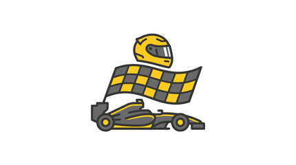 Fototapeta premium An illustration featuring a sleek Formula 1 race car, a checkered flag, and a racing helmet, symbolizing speed, competition, and victory in motorsport.
