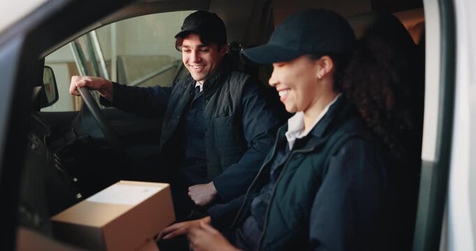 Logistics, team and high five with boxes in delivery van for shipping, order fulfillment or support. Transport, happy people and celebration for courier success, package dispatch and job well done