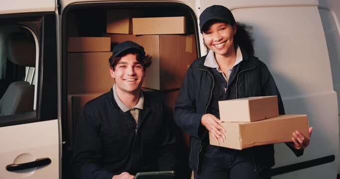 Logistics, face and team with boxes at delivery van for distribution, fist bump or order fulfillment. Tablet, happy people or celebration at transport for courier success, package dispatch or service