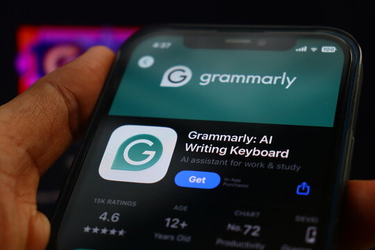 Grammarly official cloud-based typing assistant and digital writing communication platform corporate brand identity. This digital application provides advanced editing tools for users.
