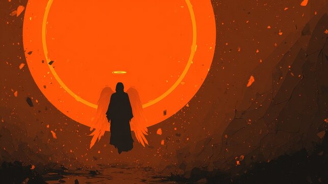 Angelic figure silhouetted against a glowing orange sun backdrop