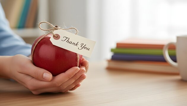 Student or teacher holding a red apple gift with thank you tag for World Teachers Day concept showing education appreciation gratitude and respect in classroom