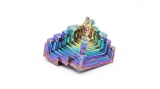 Iridescent bismuth crystal specimen with geometric staircase formation isolated on white background