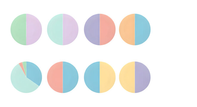 Set of colorful pastel pie charts and circular data diagrams isolated on a transparent background for professional business presentations