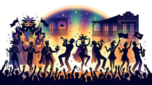 Vibrant mardi gras festival parade with silhouette musicians and crowd