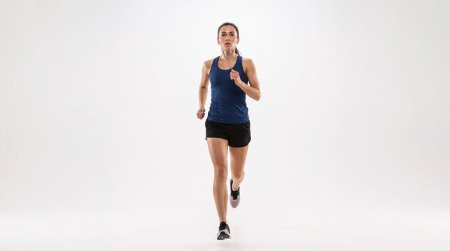 Determined female marathon runner mid-stride on white studio background