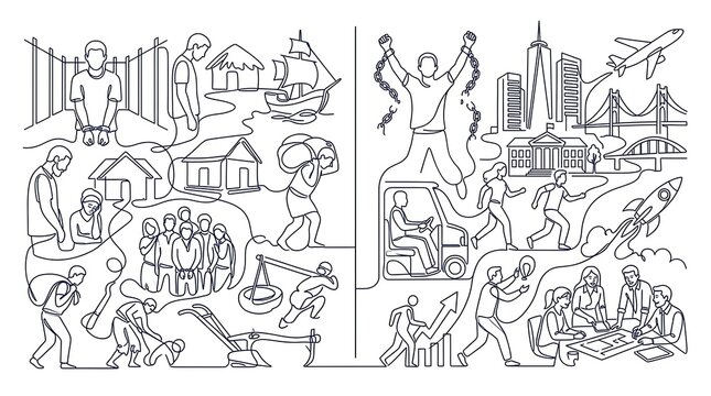 Human progress from historical oppression to modern freedom