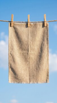 Single laundry cloth hanging on a clothesline with clothespins against a clear blue sky.