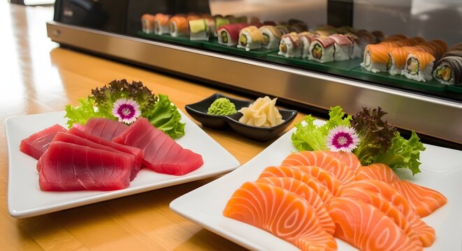 A beautifully arranged selection of fresh tuna and salmon sashimi served on white square plates with wasabi and pickled ginger in a sushi restaurant
