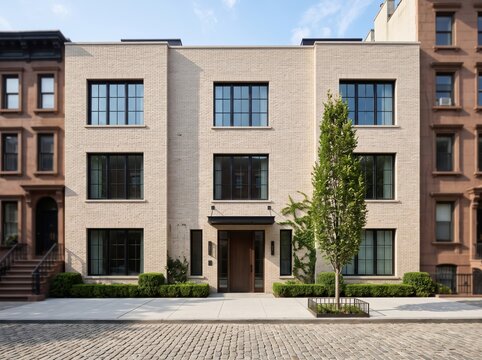 Modern white brick residential building with street tree and cobblestone road