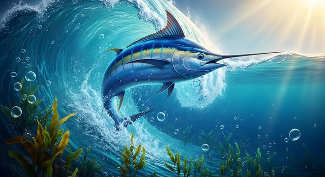 A majestic blue marlin leaps powerfully through a crashing ocean wave surrounded by vibrant underwater flora and shimmering sunlight filtering through the deep turquoise water