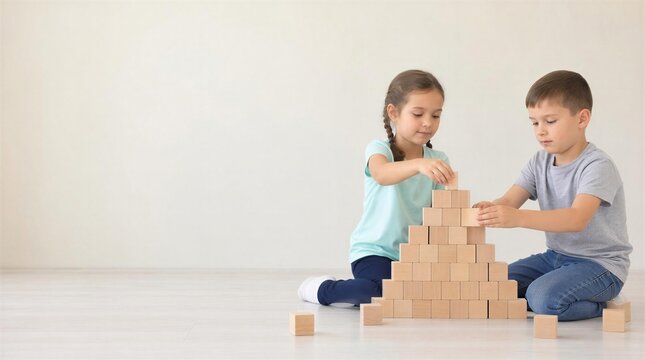 Children building tall wooden block tower together through creative play