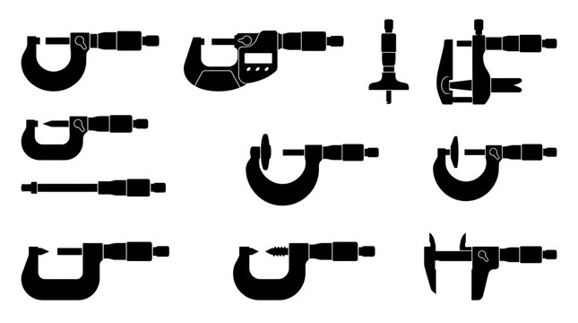 Micrometer Caliper Silhouette Icon Set Collection of Precision Measurement Tools