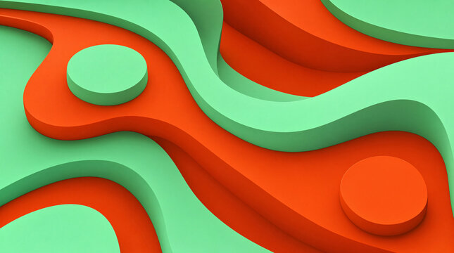 Vibrant abstract 3D design of interwoven orange and mint green wavy layers with raised circular platforms