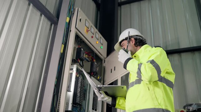 Professional electrical technician communicates by walkie talkie while using laptop checking electrical system inspection beside control panel. diagnostics, safety, preventive maintenance.