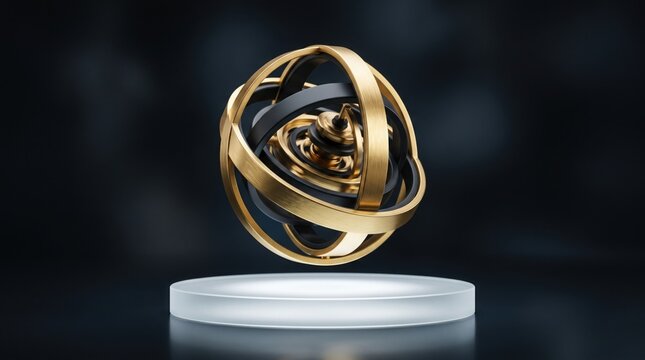 Abstract mechanical gyroscope structure with golden rings floating above display stand.