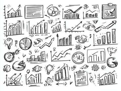 A creative collection of doodle-style business graphs and infographic elements including bar charts, pie charts, arrows, and icons for presentations.