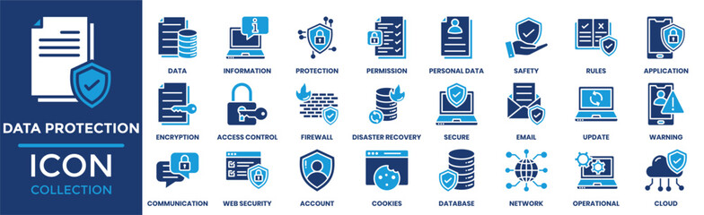 Fototapeta premium Data protection icon set. Containing encryption, access control, firewall, database, cloud, cybersecurity, privacy, network, disaster recovery and more. Solid vector icons collection.