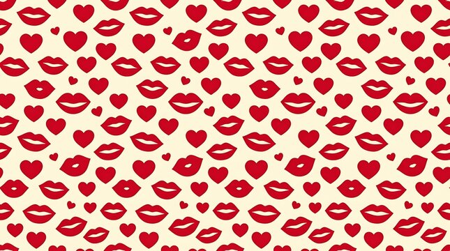Romantic seamless pattern with red lips and hearts on cream