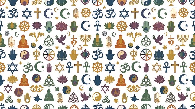 Seamless pattern of diverse world religious and spiritual symbols