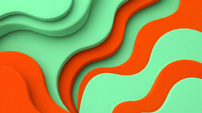 Vibrant abstract art with flowing wavy layers in bright orange and soft mint green, creating a dynamic 3D effect of overlapping curves