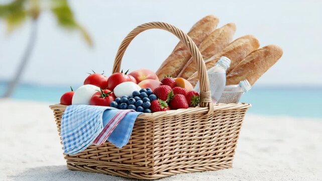 Static shot of picnic basket filled with fruit, baguettes and bottled water resting on sandy beach with ocean and palm background during sunny daytime
