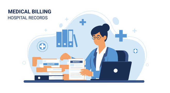 Medical Billing Professional Working with Hospital Records and Invoice at Desk