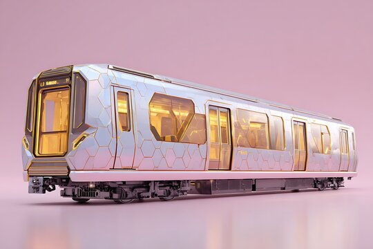 Futuristic subway train concept with honeycomb texture and golden windows, 3D render of modern metro vehicle on pink background, sci-fi public transport design