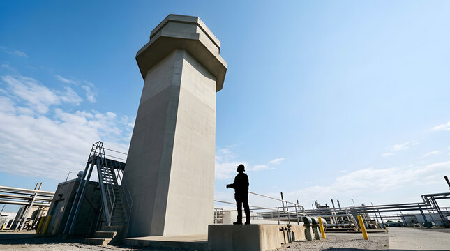 Silhouette of an industrial worker in a hard hat inspecting a tall concrete tower. Engineer standing at a manufacturing plant facility under a blue sky