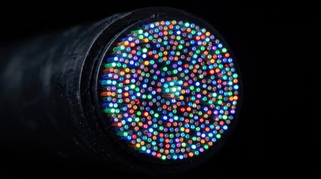 Macro view of fiber optic cable cross section showing glowing multi colored light filaments.