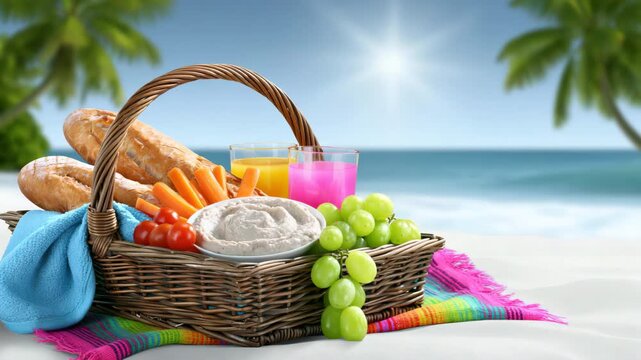 Static slow motion pan tilt of picnic basket with fruit bread and drinks sitting on sandy tropical beach shore with palm trees and ocean under bright midday sun