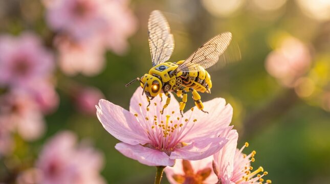 Mechanical honeybee robot pollinating pink cherry blossom flower in bright spring sunlight.