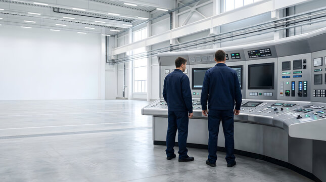 Two male workers in blue uniforms checking a large control panel in a modern industrial facility. Engineers monitoring systems on screens and dials. Copy space for text